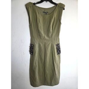 NWT Alberta Ferretti Army Green Twill Cotton Linen Twill Jeweled Dress sz EU 42